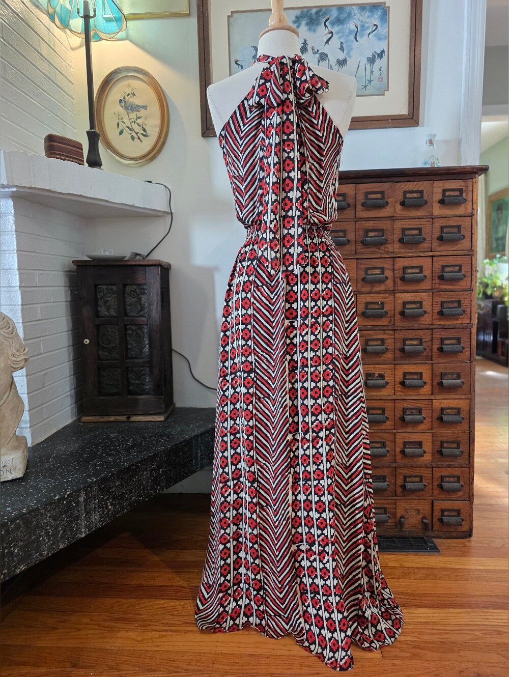 Parker 100% Silk Patterned Red And White Maxi Halter Dress Size Small - Picture 2 of 14